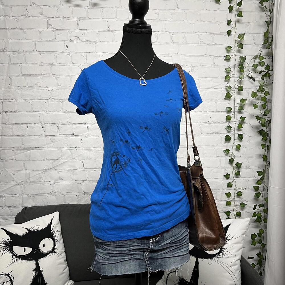 Vintage Y2K dragonfly dandelion print ruched sides cotton tee shirt size M